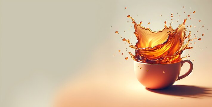 A cup of coffee splashing, white cup with orange coffee, Abstract illustration on a light gradient background