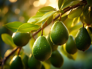 A flourishing avocado orchard with vibrant leaves. Comfortable morning atmosphere. Avocados are ready to be harvested.