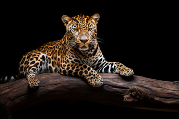 Leopard resting on a log against a black background