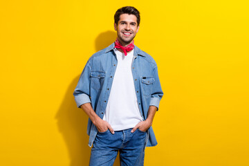Photo portrait of handsome young guy hands pockets toothy smile dressed stylish denim outfit...