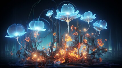 Obraz na płótnie Canvas Bioluminescent flora sprouting from a circuitry-infused ground, forming a fantastical and vibrant background design that blurs the lines between nature and technology.