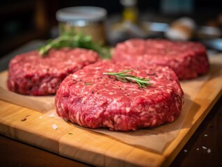 Burger cutlet with rosemary on a wooden table, AI generator