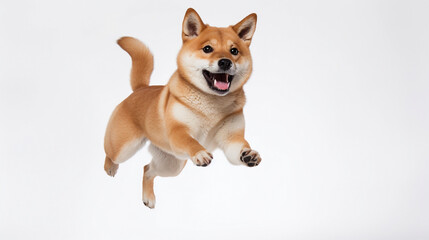 Shiba Inu dog is jumping on isolated on white background.