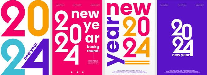 New Year 2024. Set of 4 simple typography background vector illustration template, flat style. Suitable for poster, cover, web, ads, social banner, or flyer