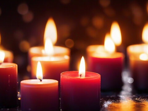 Many burning small candles on dark background, Group of burning candles on black background ai image 