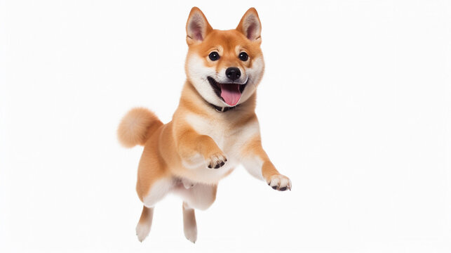 Shiba Inu dog is jumping on isolated on white background.