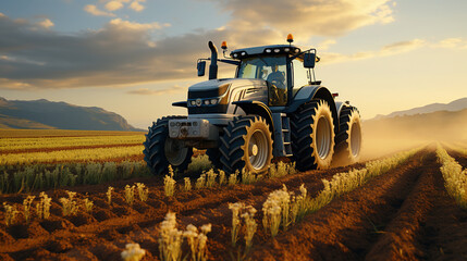 A Tractor Pulling A Grey Planter On A Empty Field on Blurry Background - obrazy, fototapety, plakaty