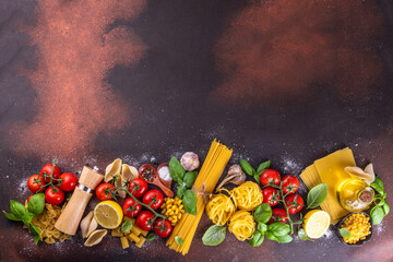 Various pasta with spices and ingredients for cooking