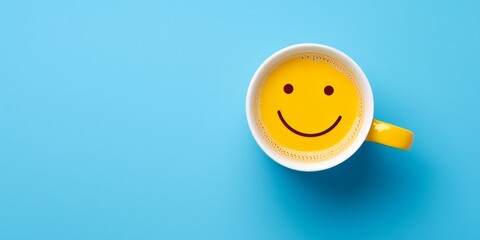 A top-down view of a cup of coffee with a smiley face on a blue background. - obrazy, fototapety, plakaty
