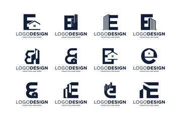 Collection of initial letter E with real estate symbol. Building logo design collection.