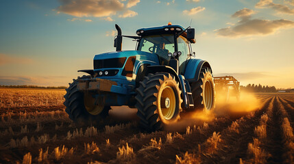Fototapeta premium A Tractor Pulling A Grey Planter On A Empty Field on Blurry Background