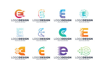 Naklejka premium Collection of letter E logo design with digital connection concept