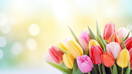 Bouquet of colorful tulips blured spring background.