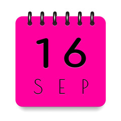 16 day of the month. September. Pink calendar daily icon. Black letters. Date day week Sunday, Monday, Tuesday, Wednesday, Thursday, Friday, Saturday. Cut paper. White background. Vector illustration.