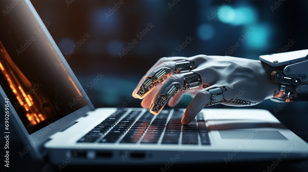 Aufkleber modern robotic hand pressing a laptop keyboard for technological advances and machine learning conce
