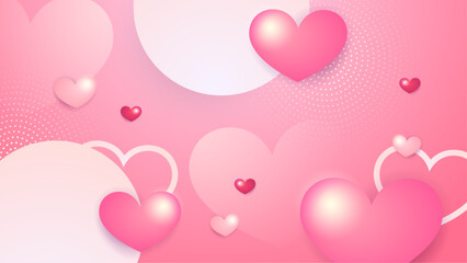 Pink vector happy love background with 3d hearts. Valentine vector illustration for greeting card, banner, gift, template, sale banner, poster, flyer and web