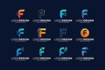 Collection of letter F logo design with digital connection concept