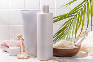 Obraz na płótnie Canvas Rice Shampoo and Conditioner, organic rice water hair care