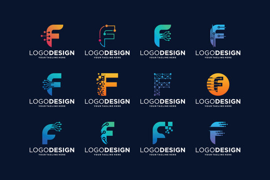 Collection of letter F logo design with digital connection concept