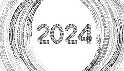 2024 new year card with tire wheel marks of cars. Vector illustration