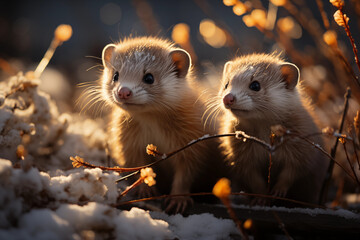 dreamlike photo of ferrets exploring a winter wonderland, radiating innocence and charm in a luminous and dreamlike style, photo