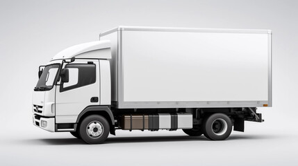 Fototapeta na wymiar copy space, stockphoto,white delivery truck side view cargo truck advertising. Side view of a big white truck with an even light background. Copy space available. Template for transportation company. 