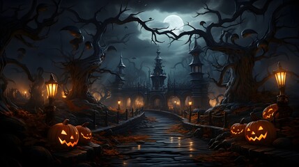 Happy Halloween Graveyard In The Spooky Night and church, Night full moon bats on the tree, Halloween pumpkin. - obrazy, fototapety, plakaty