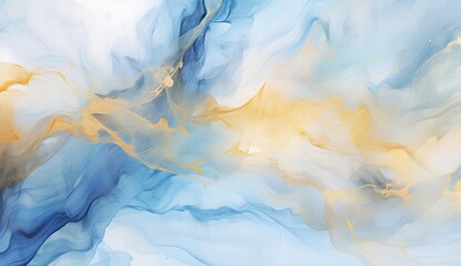 Marbled blue and golden abstract background. Liquid marble ink pattern. abstract background with blue, yellow and white paint mixing in water