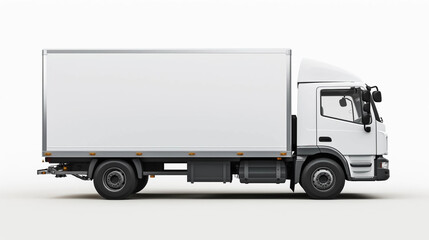 copy space, stockphoto,white delivery truck side view cargo truck advertising. Side view of a big white truck with an even light background. Copy space available. Template for transportation company. 