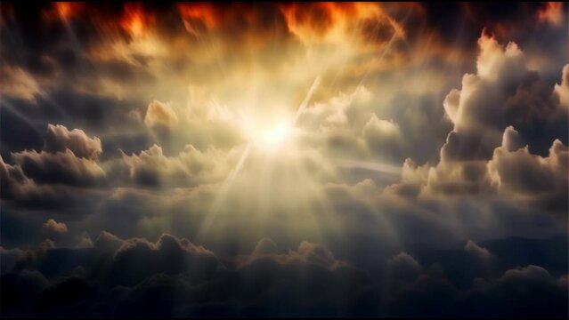 the powerful rays of the sun piercing through thick clouds, representing the sun as a symbol of hope and inspiration