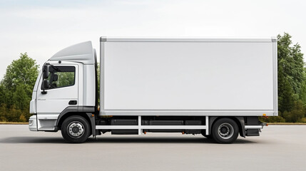 Fototapeta na wymiar copy space, stockphoto,white delivery truck side view cargo truck advertising. Side view of a big white truck standing in the street. Copy space available. Template for transportation company. Transpo