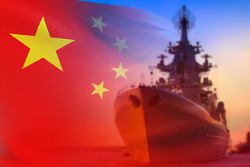 Warships on the background of the flag of China. PRC's Navy. Navy of the Republic of China. Ships...