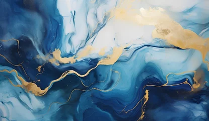 Photo sur Aluminium Cristaux Marbled blue and golden abstract background. Liquid marble ink pattern. abstract background with blue, yellow and white paint mixing in water