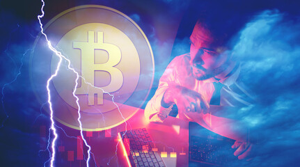 Obraz premium Cryptocurrency trading. The cryptocurrency market. A man carries out transactions with bitcoins. Buying and selling bitcoins. Broker on the background of the bitcoin symbol.