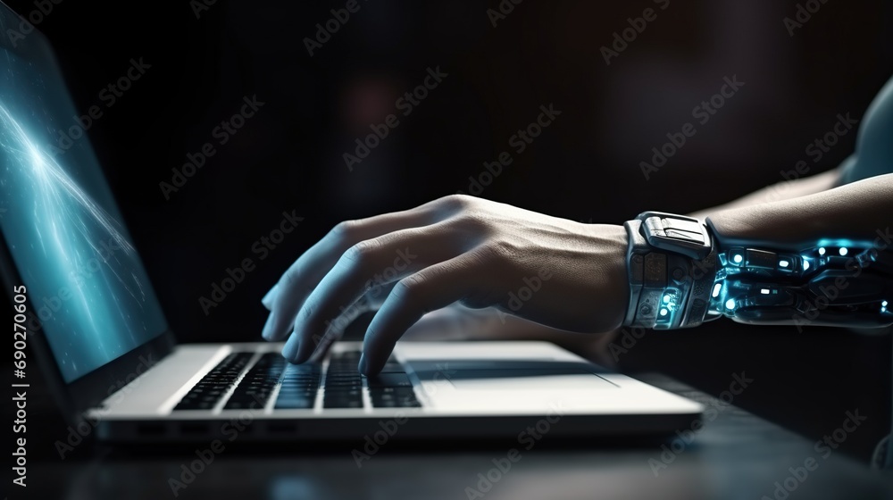 Aufkleber modern robotic hand pressing a laptop keyboard for technological advances and machine learning conce