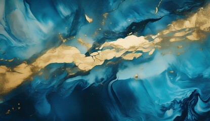 Marbled blue and golden abstract background. Liquid marble ink pattern. abstract background with blue, yellow and white paint mixing in water