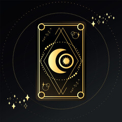 Gold Tarot card with a crescent and star decorated with geometric shapes. Tarot symbolism. Mystery, astrology, esoteric. Vector illustration