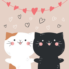 Fototapeta premium Two cute hand drawn cats holding each other paws under the garland of hearts. Valentines Day. Vector illustration