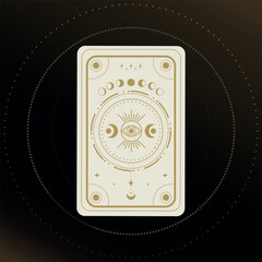 Gold and white Tarot card with a magical eye, moon and crescent decorated with geometric shapes. Tarot symbolism. Mystery, astrology, esoteric. Vector illustration