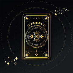 Gold Tarot card with a magical eye, moon and crescent decorated with geometric shapes. Tarot symbolism. Mystery, astrology, esoteric. Vector illustration
