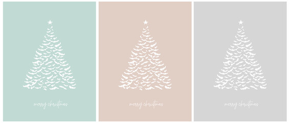Naklejka na ściany i meble Merry Christmas Vector Card. White Christmas Tree on a Light Gray, Beige and Mint Blue Background. Christmas Illustration in 3 Different Colors. Snowy Spruce Tree with Star. Simple Xmas Print. RGB.