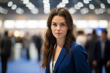 Fototapeta premium A Woman in a Blue Jacket Standing in a Room