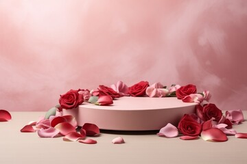 Minimalist Podium with Cascading Rose Petals in Rich Red, Delicate Pink, and Pale Green   Valentines Day Presentation Mockup