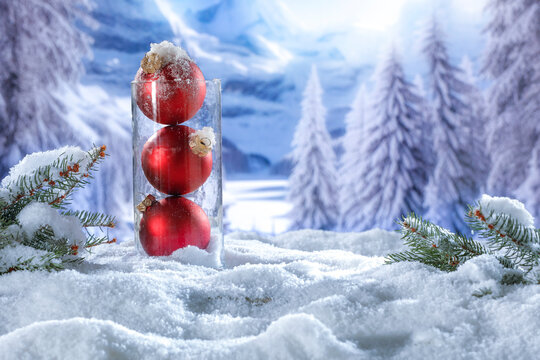 Winter landscape of mountains and mockup of snow and frost. Free space for your decoration. 