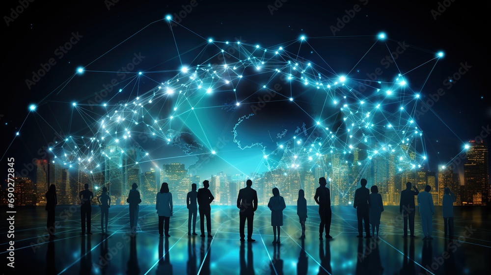 Poster illustration of people connection with glowing connecting dots and lines. global business and commun