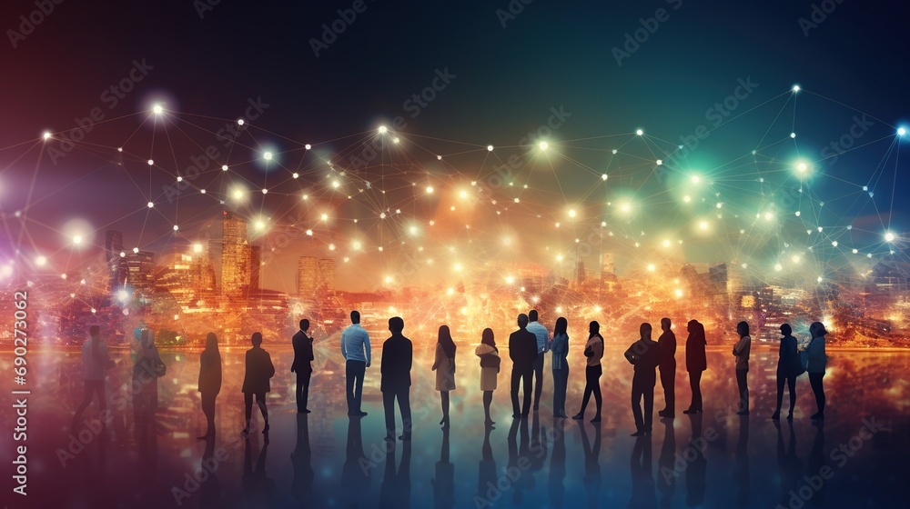 Poster illustration of people connection with glowing connecting dots and lines. global business and commun