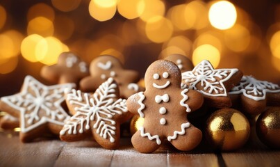 Homemade gingerbread Christmas cookies with bokeh