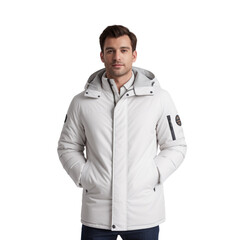 Fototapeta premium Professional photo of a boy in white winter long jacket, photoshoot for ad, isolated on white background, or without background - Generative AI