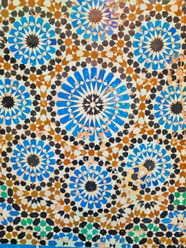 Islamic pattern of a mosaic in Moroccan style. Tiled oriental ornaments from Morocco are found in mosques and important buildings.