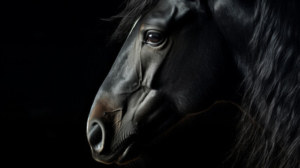 Portrait of a beautiful black stallion on a black background - Powered by Adobe